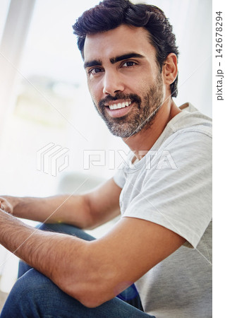 Man, portrait and smile for relax on sofa with confidence, comfortable and weekend break in home. Person, happy and pride in living room of house for me time, rest and peaceful leisure in apartment Man, portrait and smile for relax on sofa with confidence, comfortable and weekend break in home. Person, happy and pride in living room of house for me time, rest and peaceful leisure in apartment 142678294