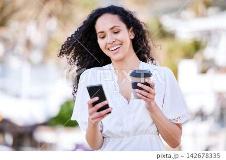 Outdoor, coffee and woman with smartphone, sunshine and typing with contact, social media and message. Person, mobile user and girl in city, texting and internet with espresso, sunshine or connection 142678335