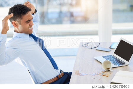 Businessman, upset and laptop in coffee or splash in office, hands for backup or water on technology. Male person, frustrated and computer with drink or spill at work, accountant with accident Businessman, upset and laptop in coffee or splash in office, hands for backup or water on technology. Male person, frustrated and computer with drink or spill at work, accountant with accident 142678403