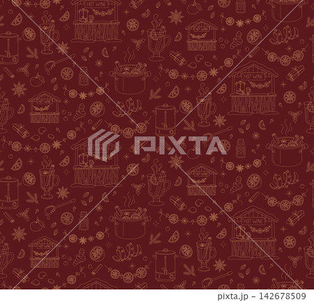 Mulled wine christmas market seamless pattern street food festival outline background 142678509