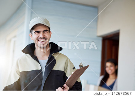 Delivery, man and portrait at house with courier, service and trust logistics with inventory checklist. Invoice, receipt and worker transport package to customer in safe shipping or supply chain 142678567