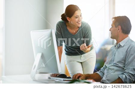 Computer, training or smile with employee and mentor in office together for discussion. Business, teamwork and question with manager coaching person in workplace for development, learning or support Computer, training or smile with employee and mentor in office together for discussion. Business, teamwork and question with manager coaching person in workplace for development, learning or support 142678625