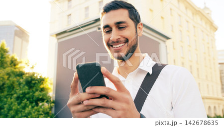 Phone, search and happy businessman walking in city with social media, chat or reading blog on morning commute. Smartphone, travel and entrepreneur outdoor with web scroll, gif or meme communication 142678635