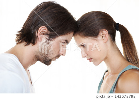 Couple, conflict and fight for marriage problems, head and argue or disagreement. Bad communication, divorce and argument for man and woman in studio, toxic and relationship and unhappy partnership Couple, conflict and fight for marriage problems, head and argue or disagreement. Bad communication, divorce and argument for man and woman in studio, toxic and relationship and unhappy partnership 142678798