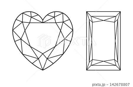 Set of Heart, Princess diamond cut shape icons. Brilliant Princess, Heart cut patterns layout. Precious gemstone outline for jewellery design, branding, packaging, logos. Design diagrams. Set of Heart, Princess diamond cut shape icons. Brilliant Princess, Heart cut patterns layout. Precious gemstone outline for jewellery design, branding, packaging, logos. Design diagrams. 142678807
