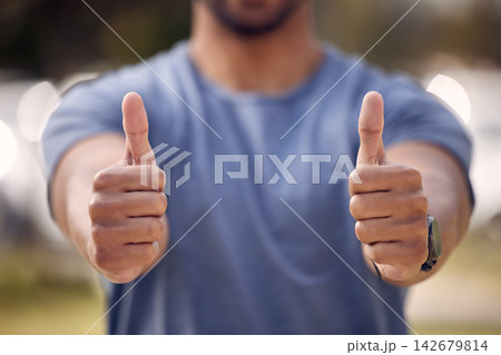 Male student, thumbs up and college for education or learning, yes for scholarship or agreement. Man, zoom or hand sign with fingers up for university or knowledge, success in on campus New York City 142679814