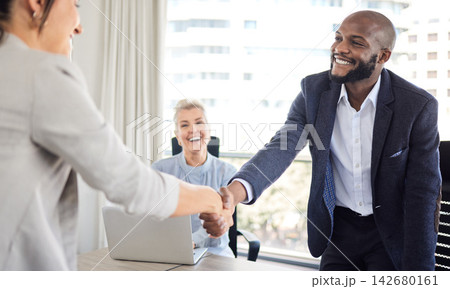Negotiation, handshake and agreement in meeting with deal, success and b2b investment on project. Happy, commitment and people shaking hands in business recruitment, contract or onboarding with trust Negotiation, handshake and agreement in meeting with deal, success and b2b investment on project. Happy, commitment and people shaking hands in business recruitment, contract or onboarding with trust 142680161