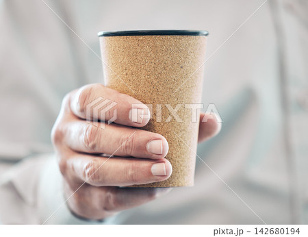 Reusable, cup and eco friendly coffee in hand with sustainable takeaway espresso in morning. Sustainability, closeup and travel mug with latte or tea for person in office or home to drink beverage Reusable, cup and eco friendly coffee in hand with sustainable takeaway espresso in morning. Sustainability, closeup and travel mug with latte or tea for person in office or home to drink beverage 142680194