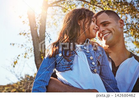 Happy, hug and dad with girl in park on adventure in summer with trees on farm, orchard or relax in garden. Father, love and care for child on vacation, holiday or travel in environment with family Happy, hug and dad with girl in park on adventure in summer with trees on farm, orchard or relax in garden. Father, love and care for child on vacation, holiday or travel in environment with family 142680462