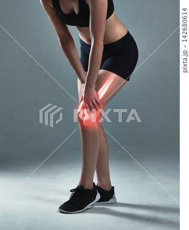Studio, woman and legs with knee pain or injury with inflammation from exercise and workout. Female person, muscle ache and red flare for fitness, self care and wellness or wellbeing for health Studio, woman and legs with knee pain or injury with inflammation from exercise and workout. Female person, muscle ache and red flare for fitness, self care and wellness or wellbeing for health 142680614