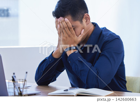Businessman, stress and office with notebook, burnout and anxiety for intern goals. Creative writer, professional news editor and expert reporter for content creation, publishing and press startup Businessman, stress and office with notebook, burnout and anxiety for intern goals. Creative writer, professional news editor and expert reporter for content creation, publishing and press startup 142680663