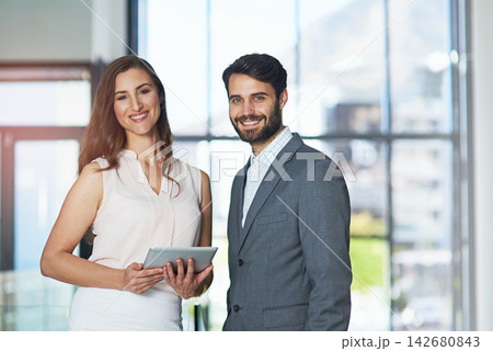 Business partners, office and digital tablet for collaboration, working and teamwork for technology. Happy, portrait and communication for solidarity, expertise and people for company management 142680843
