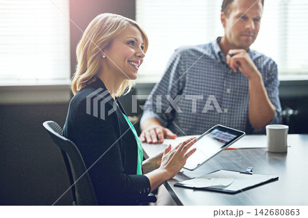 Meeting, notes and woman typing on tablet with planner app or online research in office. Happy, business people and tech for writing teamwork agenda, reminder or project manager planning an idea 142680863