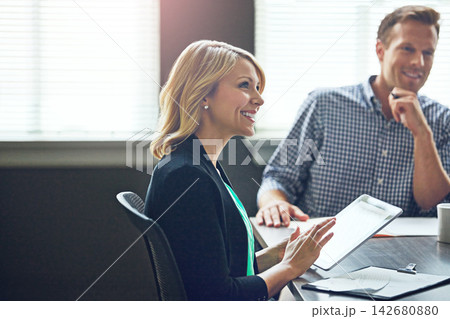 Woman, research and typing on tablet in meeting with notes, app or online planner in office. Happy, business people and tech for writing teamwork agenda, reminder or project manager planning an idea 142680880