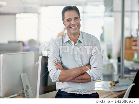 Portrait, smile and businessman with arms crossed, office and confident in corporate company manager and workplace. Happy, professional and sales with male person and expert employee in agency 142680917