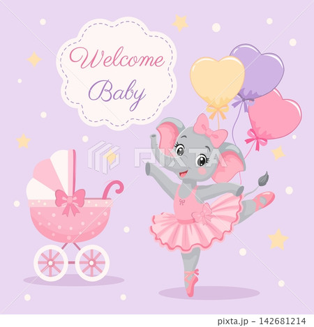 A cute ballerina elephant with a baby stroller and heart-shaped balloons a vector illustration for a newborn greeting card. A cute ballerina elephant with a baby stroller and heart-shaped balloons a vector illustration for a newborn greeting card. 142681214