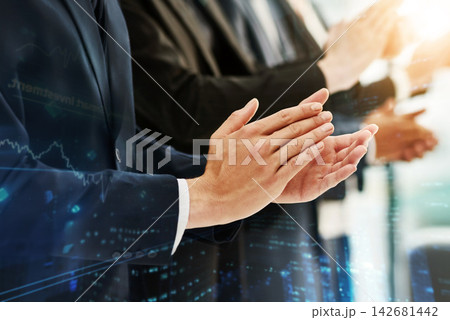 Business people, hands and clapping for success in office, motivation and support for company win. Employees, applause and solidarity for target or finance goal, celebration and overlay for graph 142681442