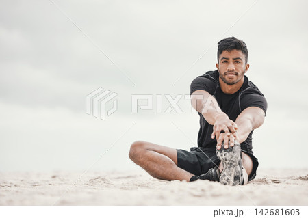 Beach, portrait or man stretching legs with fitness for body flexibility, mockup or wellness in running practice. Sea, sand or sports athlete ready for workout, mobility training or exercise warm up Beach, portrait or man stretching legs with fitness for body flexibility, mockup or wellness in running practice. Sea, sand or sports athlete ready for workout, mobility training or exercise warm up 142681603