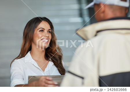 Delivery, online shopping and woman in home with box for shipping, courier service and receive order. Ecommerce, freight distribution and man with customer at door with package, parcel and product 142681666