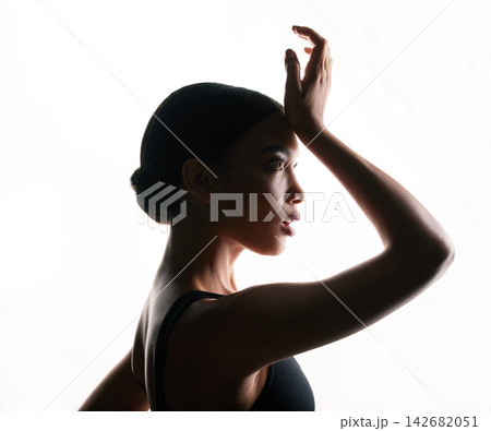 Ballerina, thinking and dancer in studio for art on white background or mock up space. Ballet, woman and profile of model creative ideas or dream of performance in theater with talent of artist 142682051