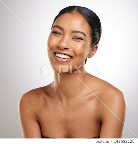 Beauty, portrait and pride in studio from skincare with girl in white background with happiness, Woman, smile and healthy glow on skin from makeup or dermatology for natural, clean or smooth texture Beauty, portrait and pride in studio from skincare with girl in white background with happiness, Woman, smile and healthy glow on skin from makeup or dermatology for natural, clean or smooth texture 142682120