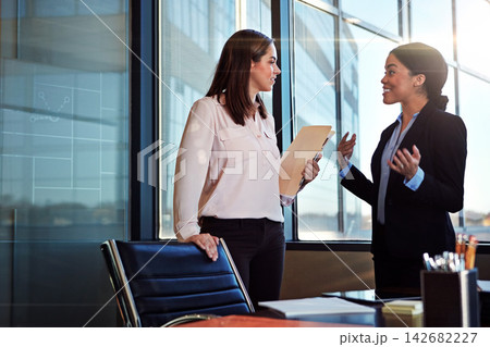 Meeting, documents or business women in office planning, talking or creative project brainstorming. Financial, report or accountant consulting coworker for company portfolio, budget or expense review Meeting, documents or business women in office planning, talking or creative project brainstorming. Financial, report or accountant consulting coworker for company portfolio, budget or expense review 142682227