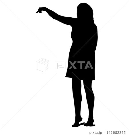 Black silhouette of a woman with raised arms in a joyful and triumphant pose isolated on a white background. 142682255
