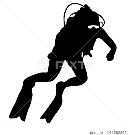 Black silhouette of a scuba diver wearing a wetsuit, diving mask, air tank and fins isolated on a white background. Black silhouette of a scuba diver wearing a wetsuit, diving mask, air tank and fins isolated on a white background. 142682265
