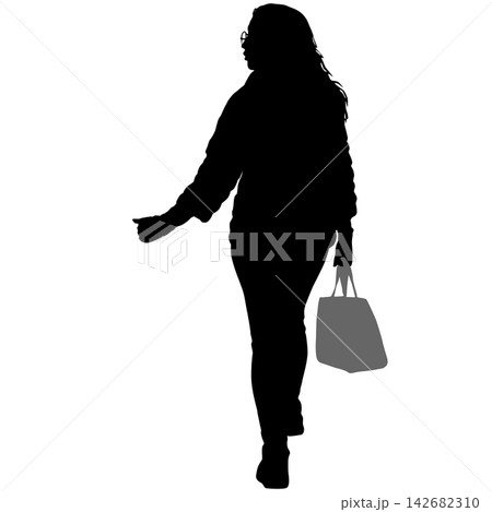 Black silhouette of a woman standing and looking to the side isolated on a white background. Black silhouette of a woman standing and looking to the side isolated on a white background. 142682310