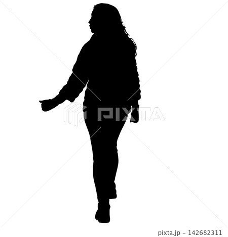 Black silhouette of a woman standing and looking to the side isolated on a white background. Black silhouette of a woman standing and looking to the side isolated on a white background. 142682311