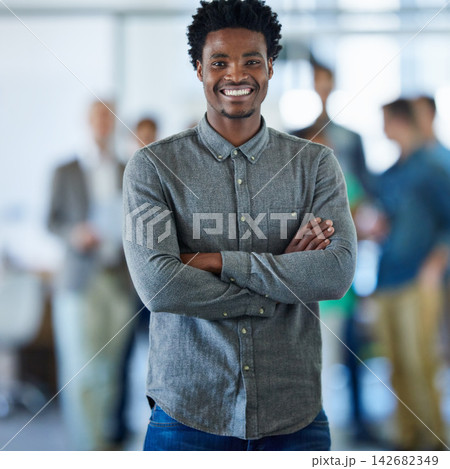 Office, portrait and businessman with pride for profession, startup project or arms crossed. Career, male content writer or journalist with confidence for creativity, editing and positive smile Office, portrait and businessman with pride for profession, startup project or arms crossed. Career, male content writer or journalist with confidence for creativity, editing and positive smile 142682349