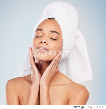 Woman, skincare and beauty with spa, routine and cosmetics for wellness in white background. Female person, eyes closed and pride with hygiene, face and dermatology for cleaning, results and glow Woman, skincare and beauty with spa, routine and cosmetics for wellness in white background. Female person, eyes closed and pride with hygiene, face and dermatology for cleaning, results and glow 142682354