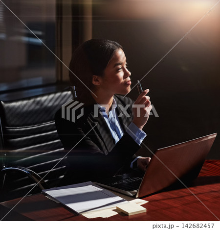 Lawyer, woman and laptop with thinking in office for case administration, choice and review information for court. Person, attorney or advocate by computer, notes and documents at commercial law firm 142682457