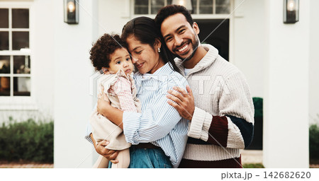 Outdoor, happy and parents with child by new home for property purchase, residence and bonding. Hug, portrait and front yard with mom, dad and kid for family relocation, moving and dream house Outdoor, happy and parents with child by new home for property purchase, residence and bonding. Hug, portrait and front yard with mom, dad and kid for family relocation, moving and dream house 142682620