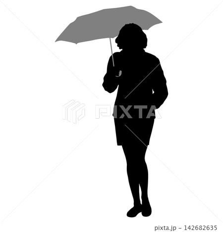 Black silhouette of a woman walking with an umbrella in the rain isolated on a white background. Black silhouette of a woman walking with an umbrella in the rain isolated on a white background. 142682635
