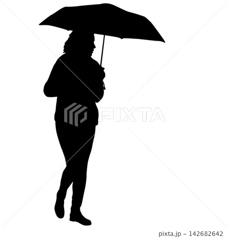 Black silhouette of a woman walking with an umbrella in the rain isolated on a white background. 142682642