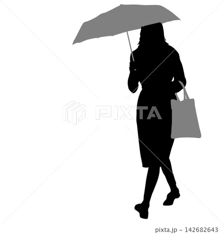 Black silhouette of a woman walking with an umbrella in the rain isolated on a white background. 142682643