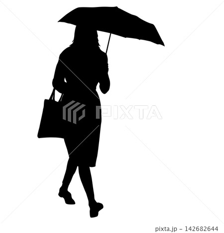 Black silhouette of a woman walking with an umbrella in the rain isolated on a white background. 142682644