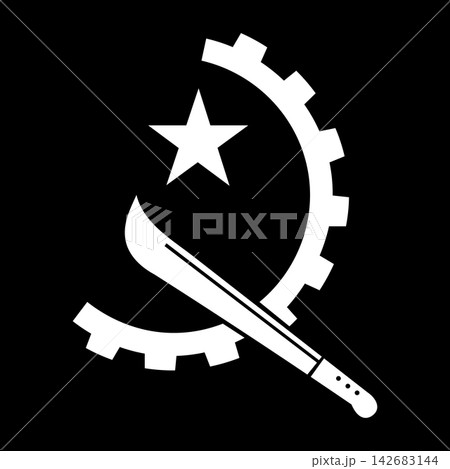 Emblem from National flag of Angola flat sticker, badge. Consisting of machete crossed by a half cogwheel and crowned with a five pointed star white logo. 142683144
