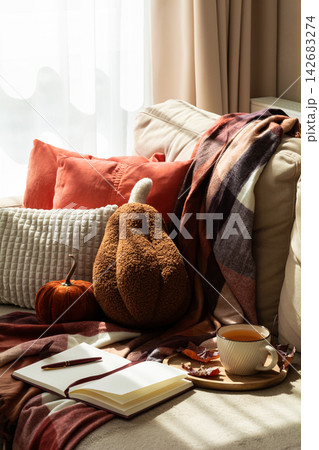 Cozy Autumn Scene With Pumpkins Tea Cup Open Notebook Blanket And Cushions 142683274