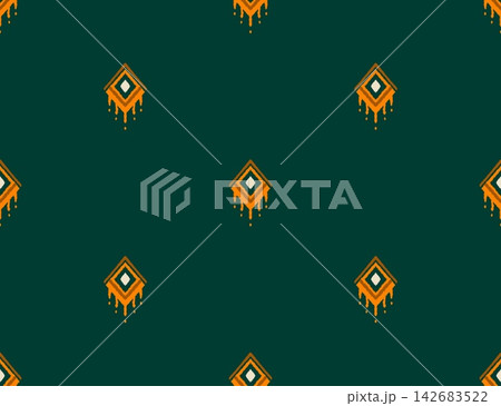 Hand-drawn Seamless Dark Green Ikat Pattern Background for Fashion Textile, Wallpaper, Packaging 142683522