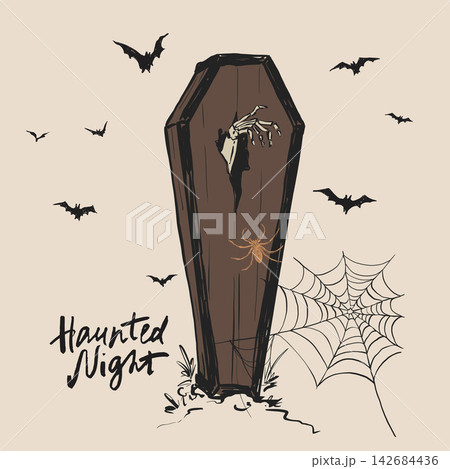Vintage Halloween greeting card with coffin, skeleton hand, spider web, bats and Haunted Night lettering. 142684436