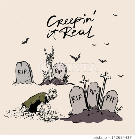 Vintage Halloween illustration with zombie crawling from cemetery graves, bats and Creep in it Real lettering. 142684437