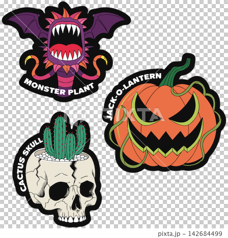 These illustrations are colorful, cartoon-style stickers or patches with a Halloween theme These illustrations are colorful, cartoon-style stickers or patches with a Halloween theme 142684499