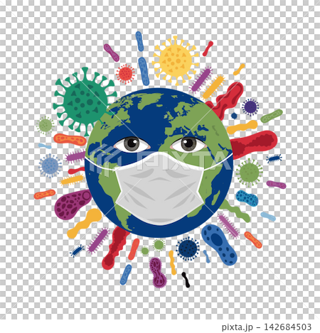 The image depicts a personified Planet Earth with eyes and a white protective mask, surrounded by various colorful virus icons 142684503