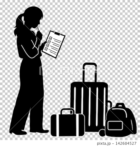 A woman checking her travel packing list and the silhouette of her luggage. A woman checking her travel packing list and the silhouette of her luggage. 142684527