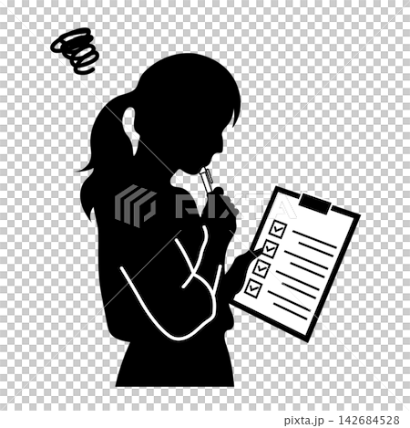 A silhouette of a woman checking her belongings on a checklist and a camera. A silhouette of a woman checking her belongings on a checklist and a camera. 142684528