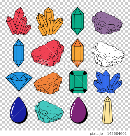 The image shows a digital collection of 16 colorful, hand-drawn vector illustrations depicting various crystals The image shows a digital collection of 16 colorful, hand-drawn vector illustrations depicting various crystals 142684601