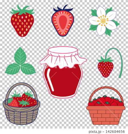 The image shows a set of nine flat vector icons depicting strawberries, strawberry flowers The image shows a set of nine flat vector icons depicting strawberries, strawberry flowers 142684656