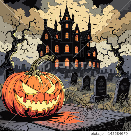 This image appears to be a digital illustration of a spooky Halloween scene This image appears to be a digital illustration of a spooky Halloween scene 142684679